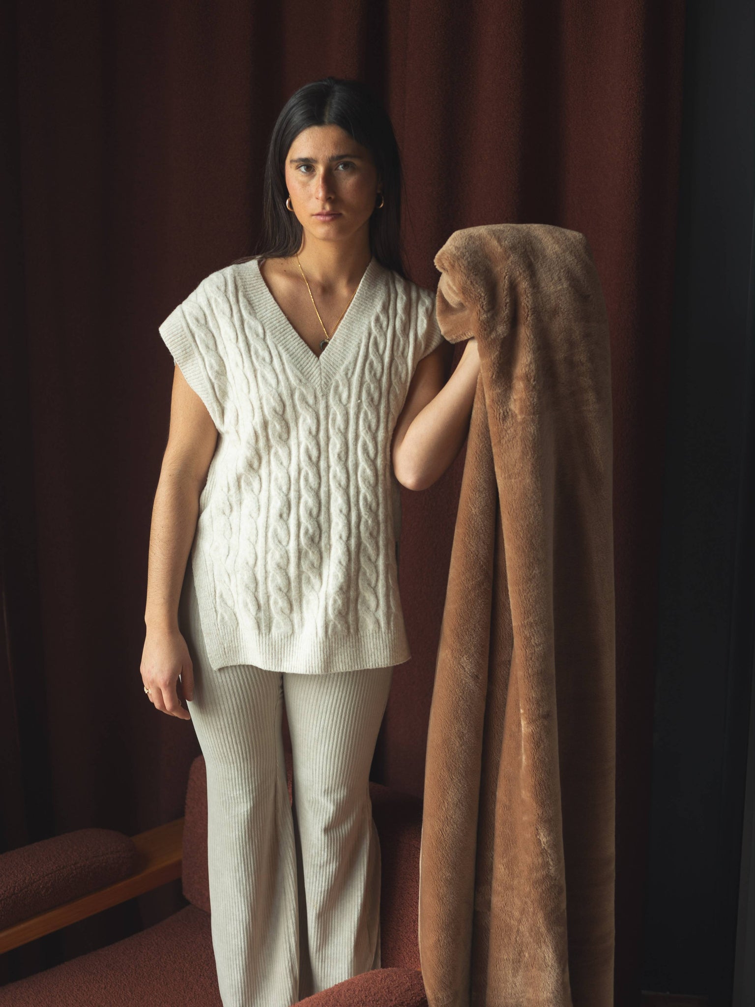 Plaid Cosy Monochrome Camel marron thumbnail 1