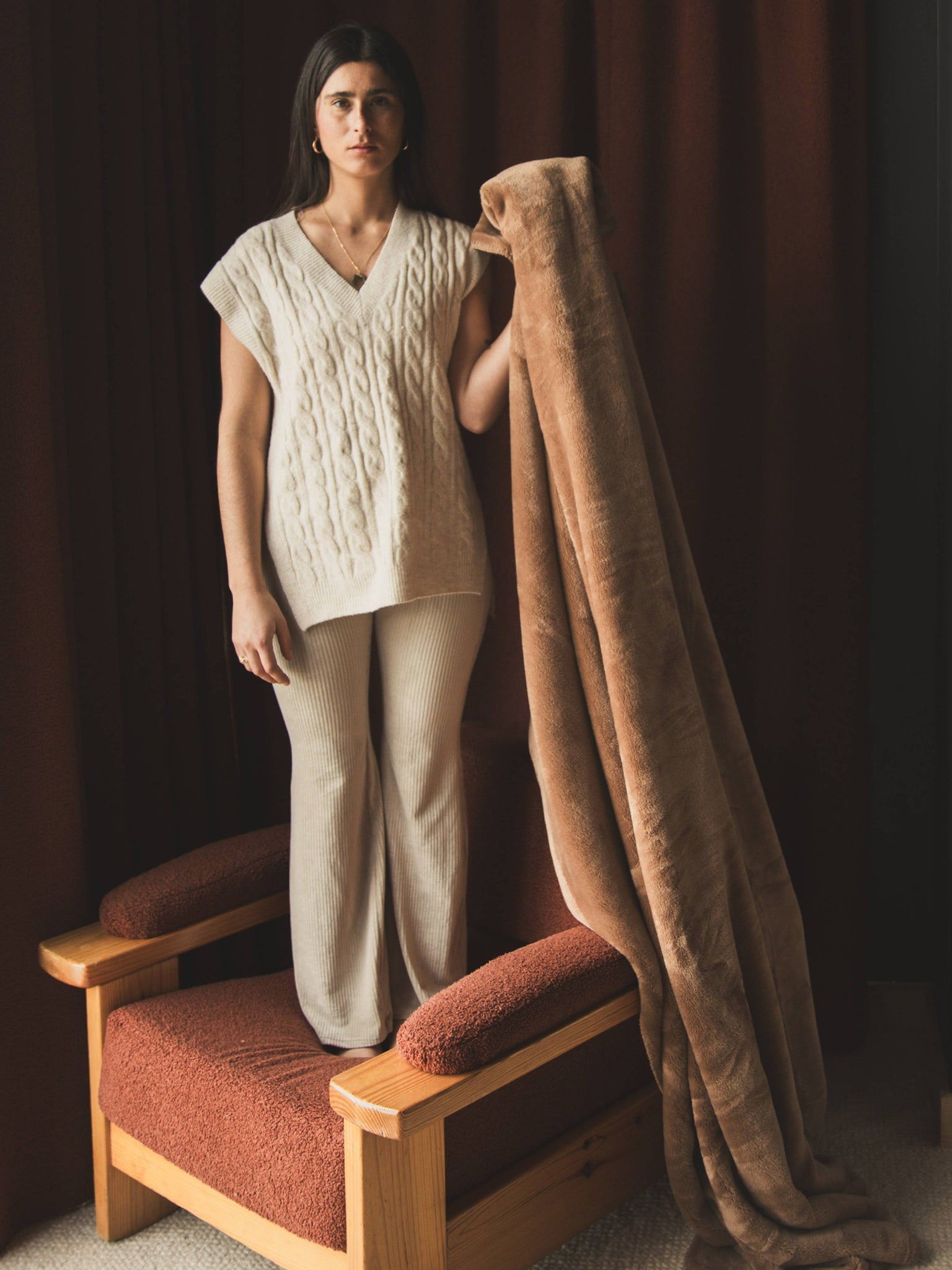 Plaid Cosy Monochrome Camel marron thumbnail 3