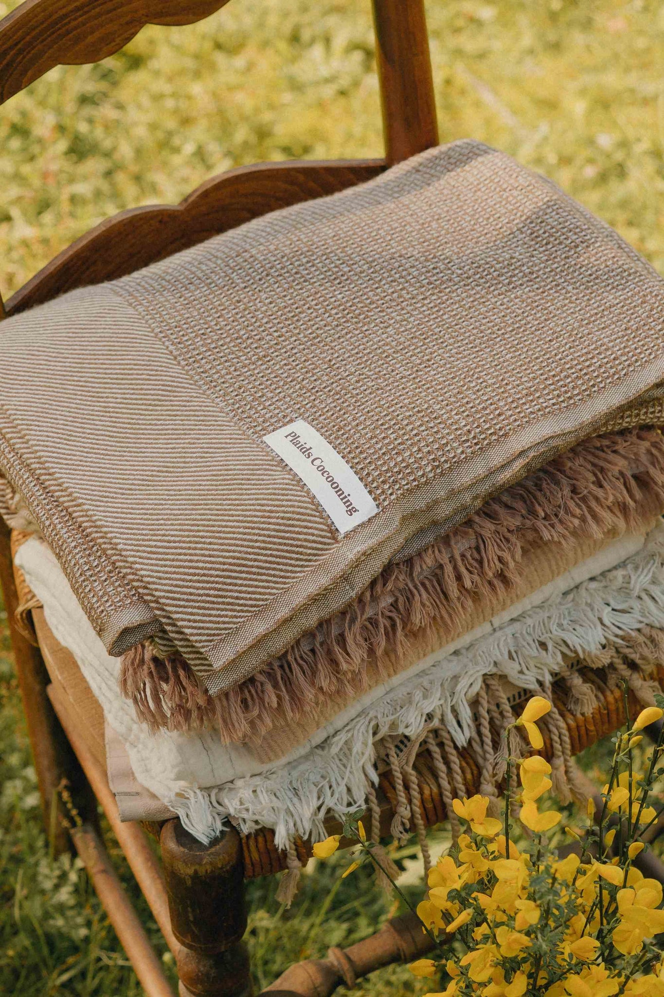 Plaid Maille Gaufrée Laine Camel thumbnail 3