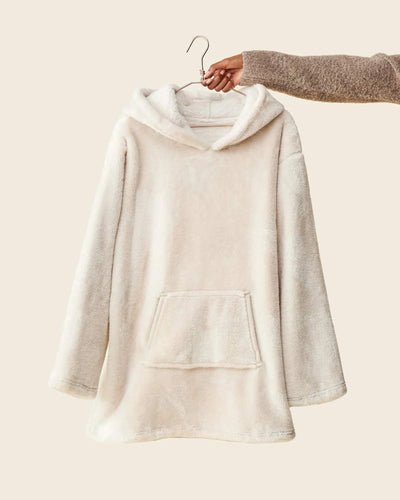 WARO cream Chill Teddy plaid sweater on hanger, thick teddy fabric with premium finish.
