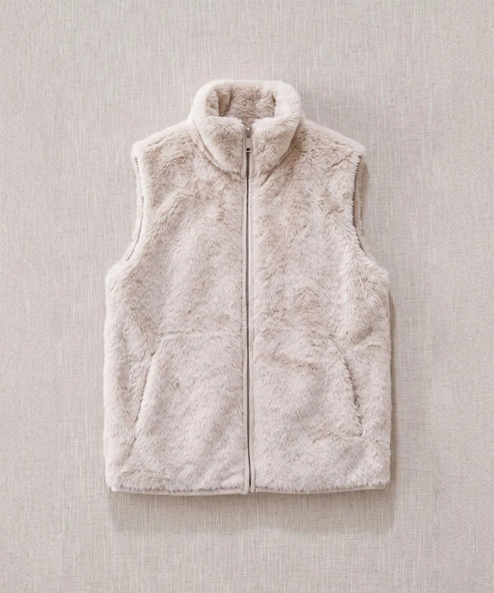 gilet sans manches fourrure beige