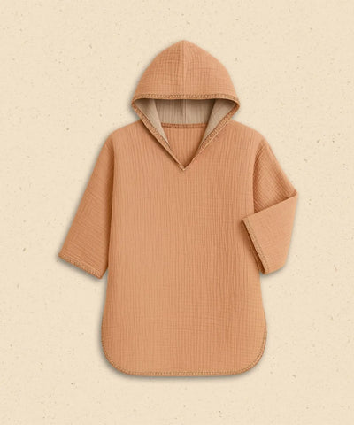 WARO coffee cotton gauze poncho, product presentation and natural fabric.